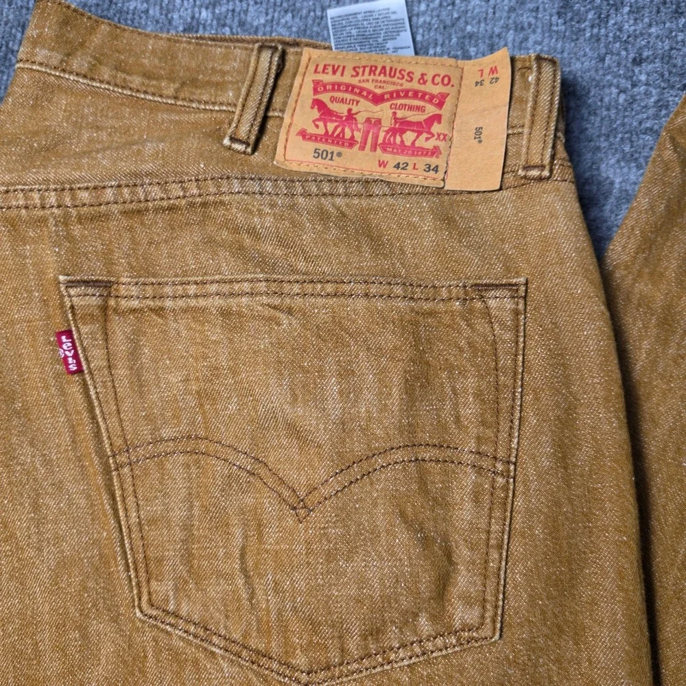 Levis 501 Original Fit Jeans Mens 42x34 Brown White Oak Cone Denim Button Fly